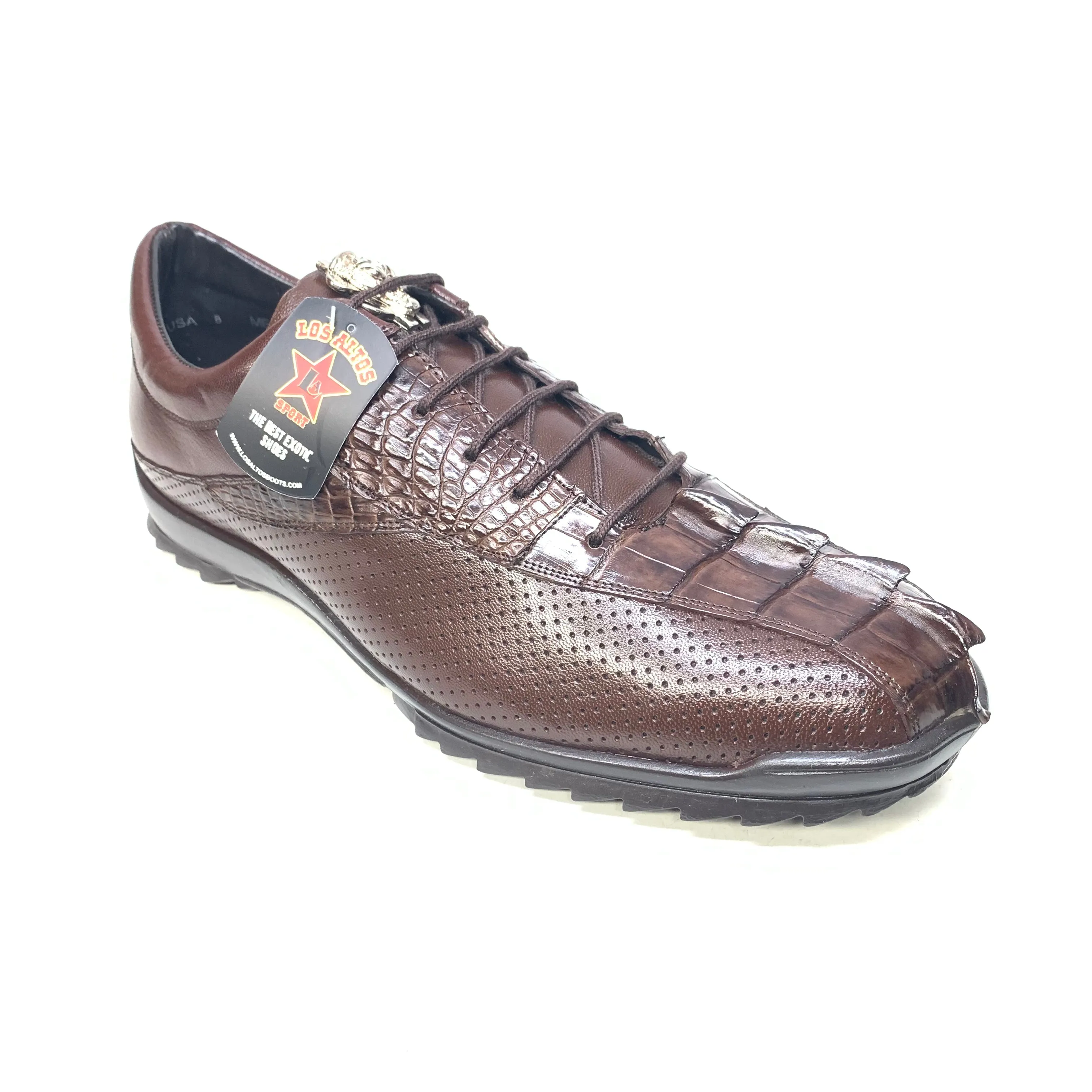 Los Altos Brown Perforated Crocodile Tail Sneakers