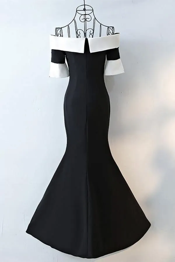 Mermaid Black And White Off Shoulder Long Prom Dress PG696