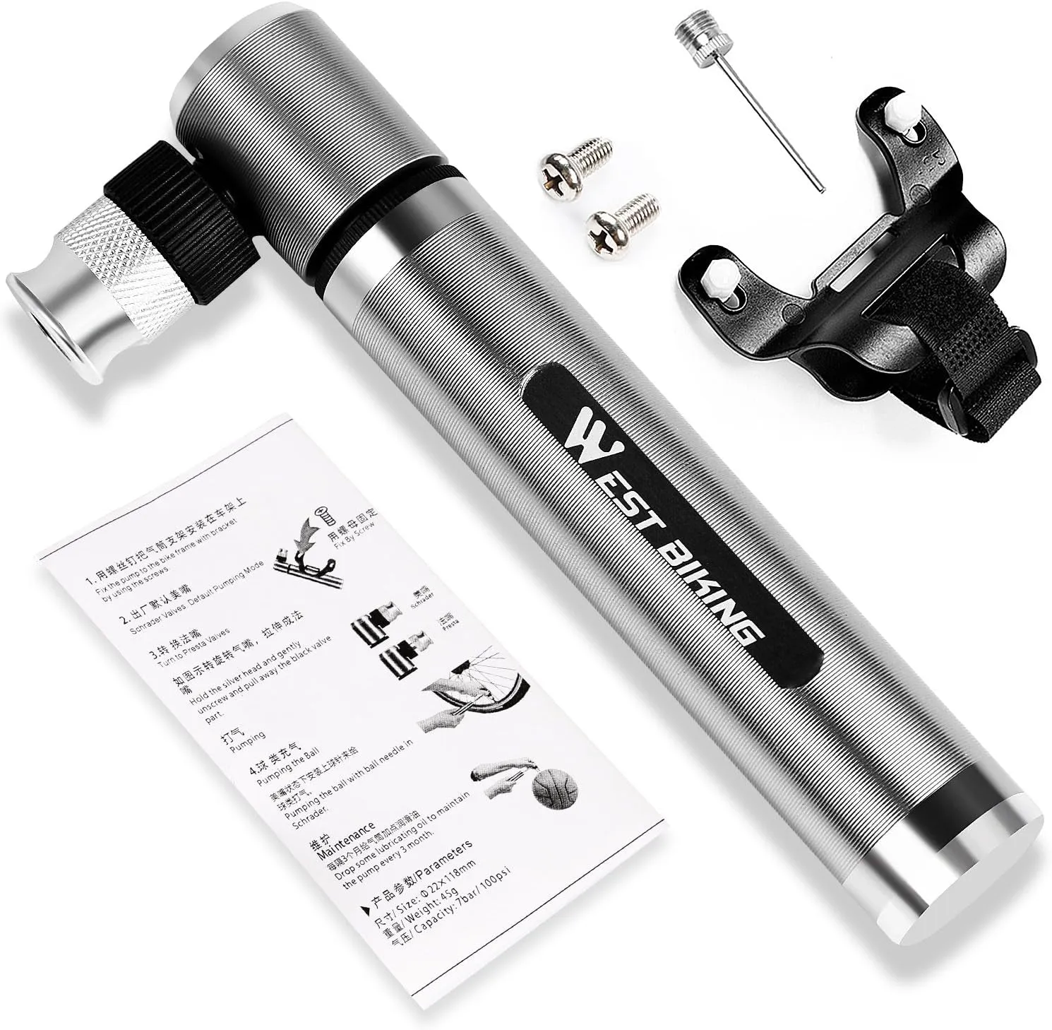 Mini Bike Pump - Fits Presta & Schrader- 160 PSI - Includes Mount Kit -Compact & Light - Bicycle Tire Pump for Road,Mountain and BMX Bikes -2.9 Oz