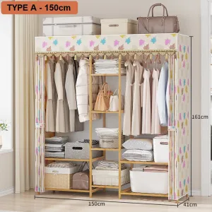 Natural Bamboo Clothes Rack with Shelves & Cover, 150cm