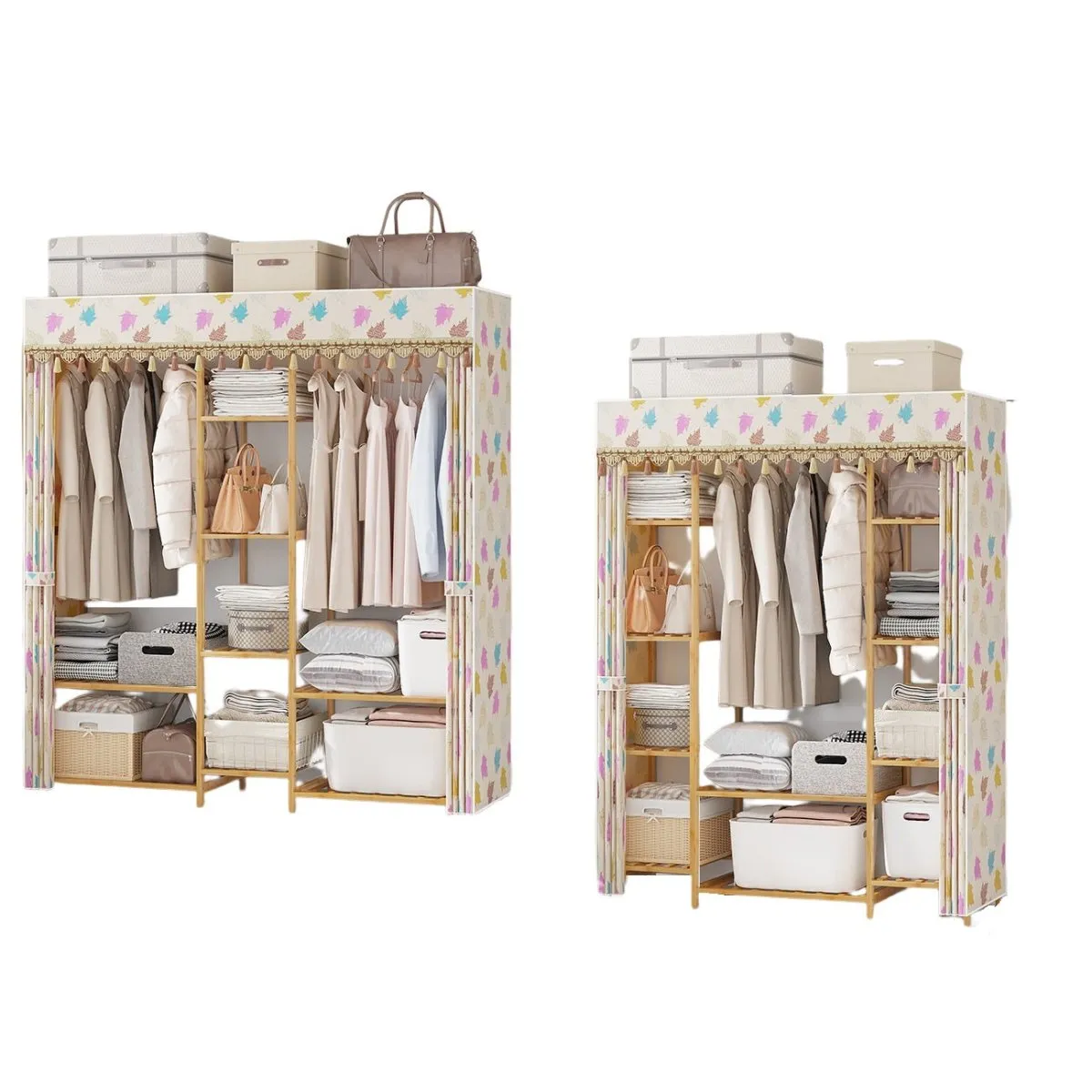 Natural Bamboo Clothes Rack with Shelves & Cover, 150cm