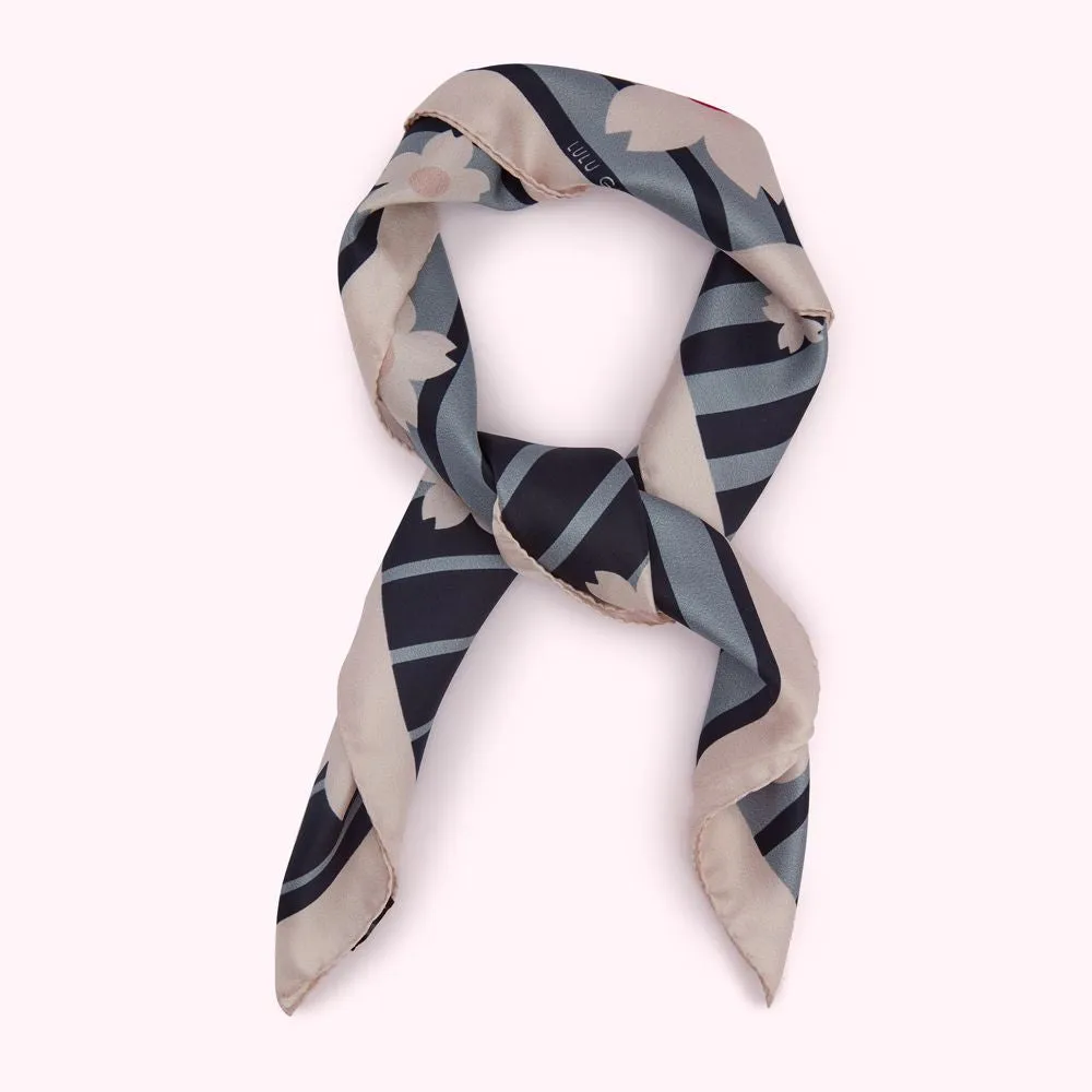 NAVY STRIPE BLOSSOM SILK TWILL SCARF