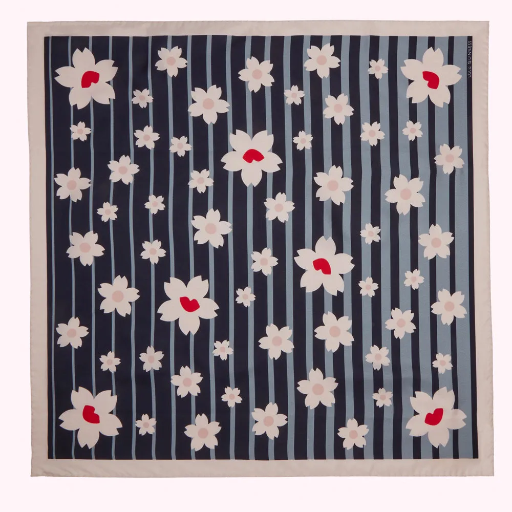 NAVY STRIPE BLOSSOM SILK TWILL SCARF