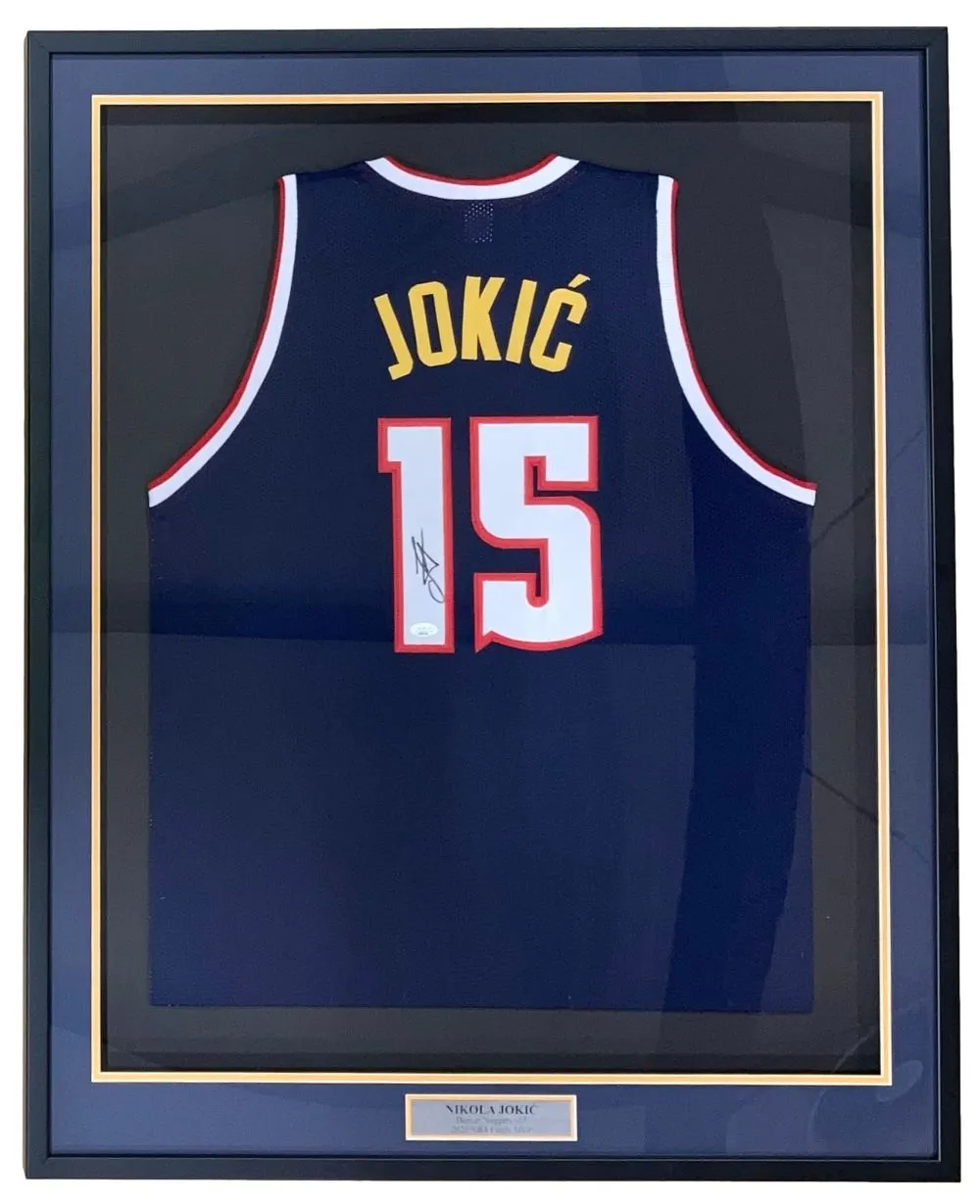 Nikola Jokic Denver Signed Framed Navy Blue Basketball Jersey JSA