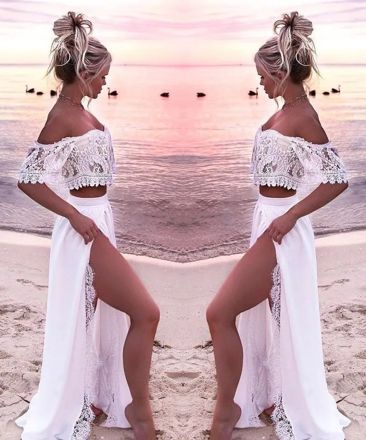 Off Shoulder Lace Beach Two Piece Wedding Dress