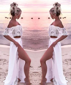 Off Shoulder Lace Beach Two Piece Wedding Dress