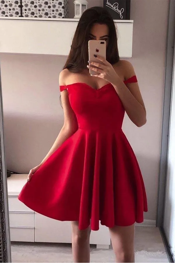 Off the Shoulder Red Homecoming Dresses Broad Strap Little Party Dress  PD251