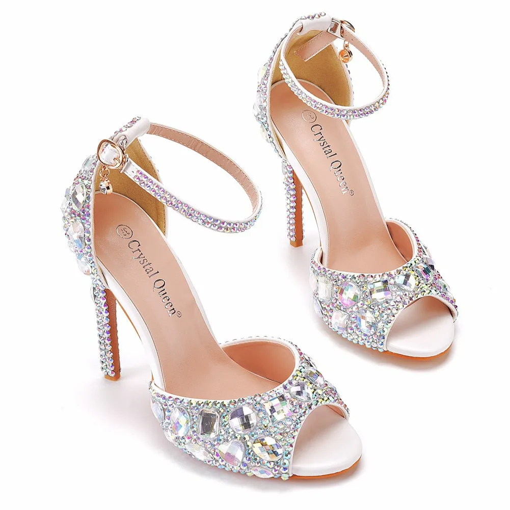 Peep Toe Big Colored Rhinestones Ankle Strap Stiletto Heels