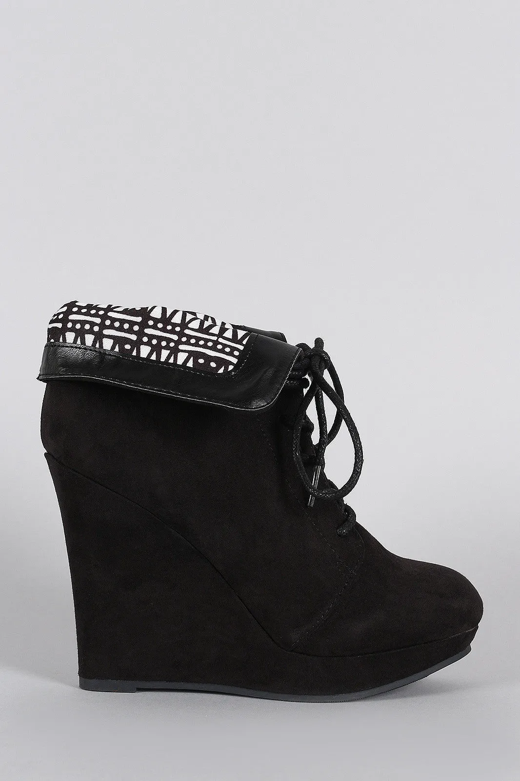 Qupid Suede Tribal Collar Round Toe Lace Up Wedge Booties