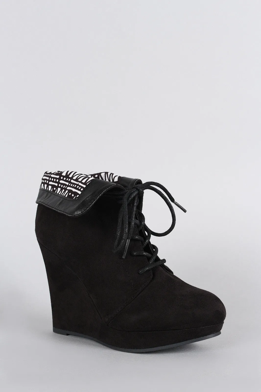 Qupid Suede Tribal Collar Round Toe Lace Up Wedge Booties