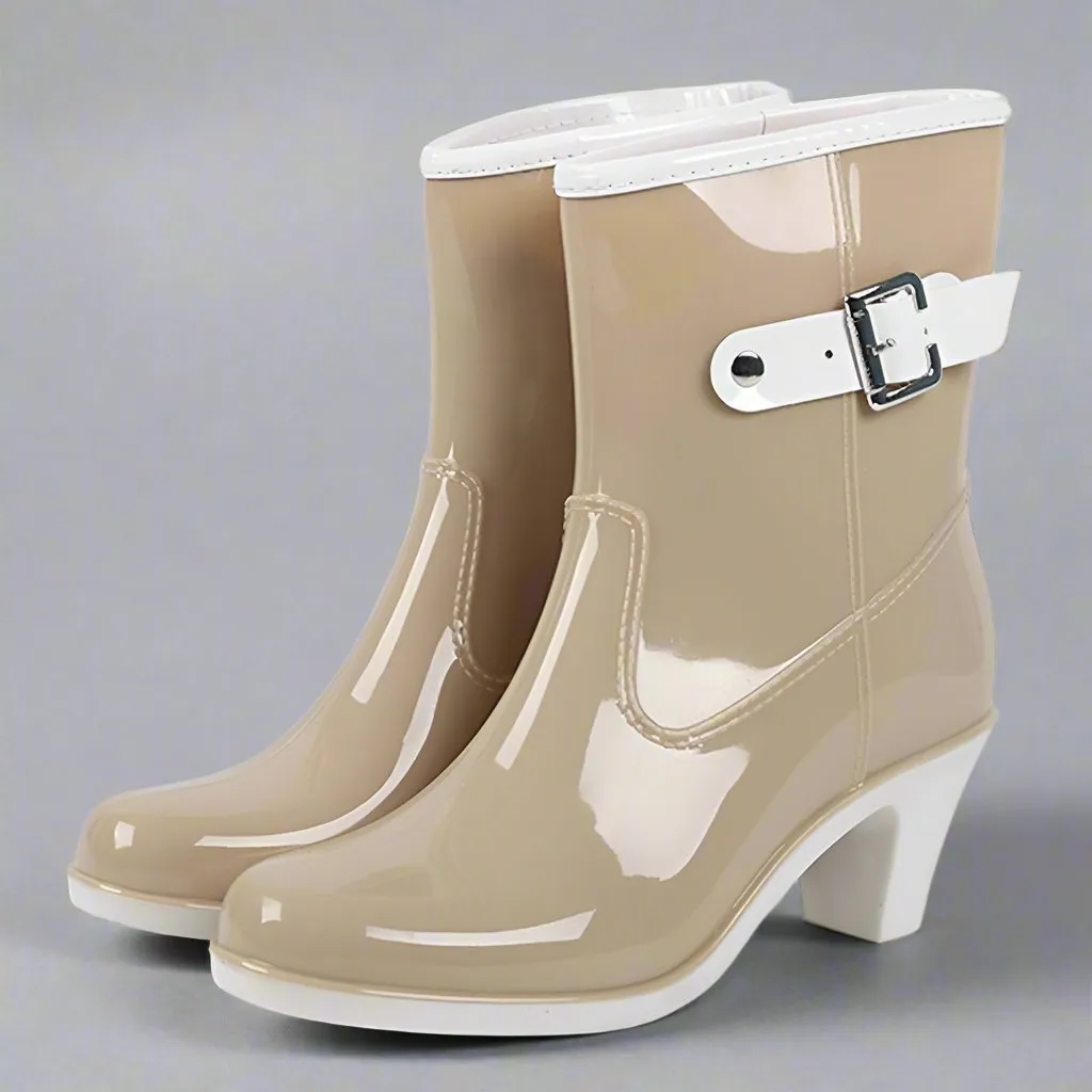 Rain Boots Buckle Ladies Rain Boots High Heel Waterproof Ankle Rubber