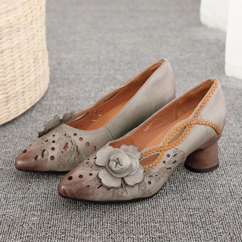 Retro Pumps For Women Leather Handmade Block Heel Pointed Shoes in Gray/Beige