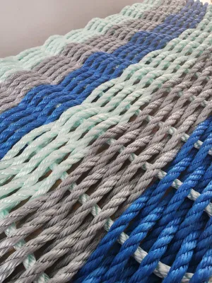 Six Stripe Rope Mat made with Lobster Rope Blue Gray and Seafoam