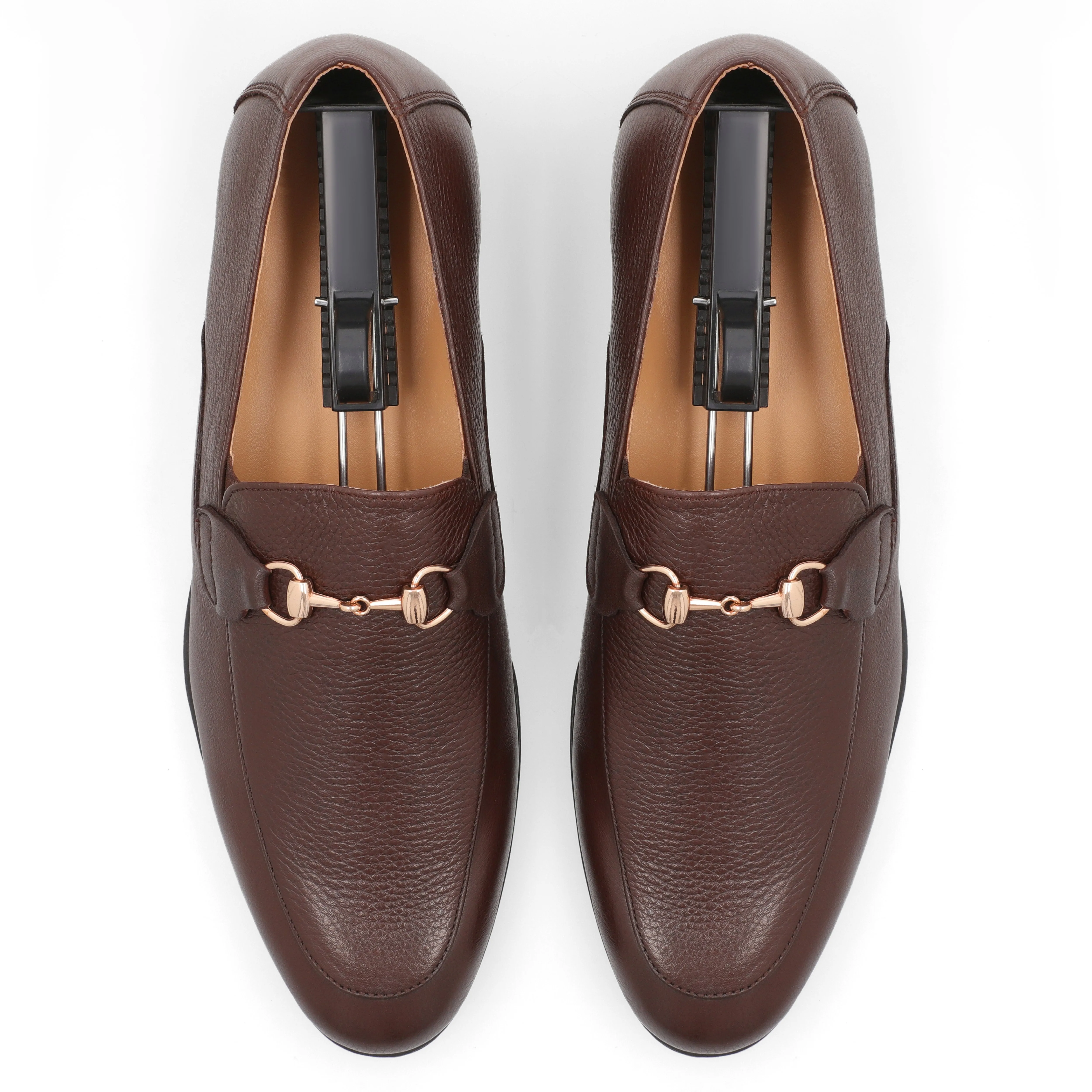 Sleek Golden Buckled Loafers-Brown