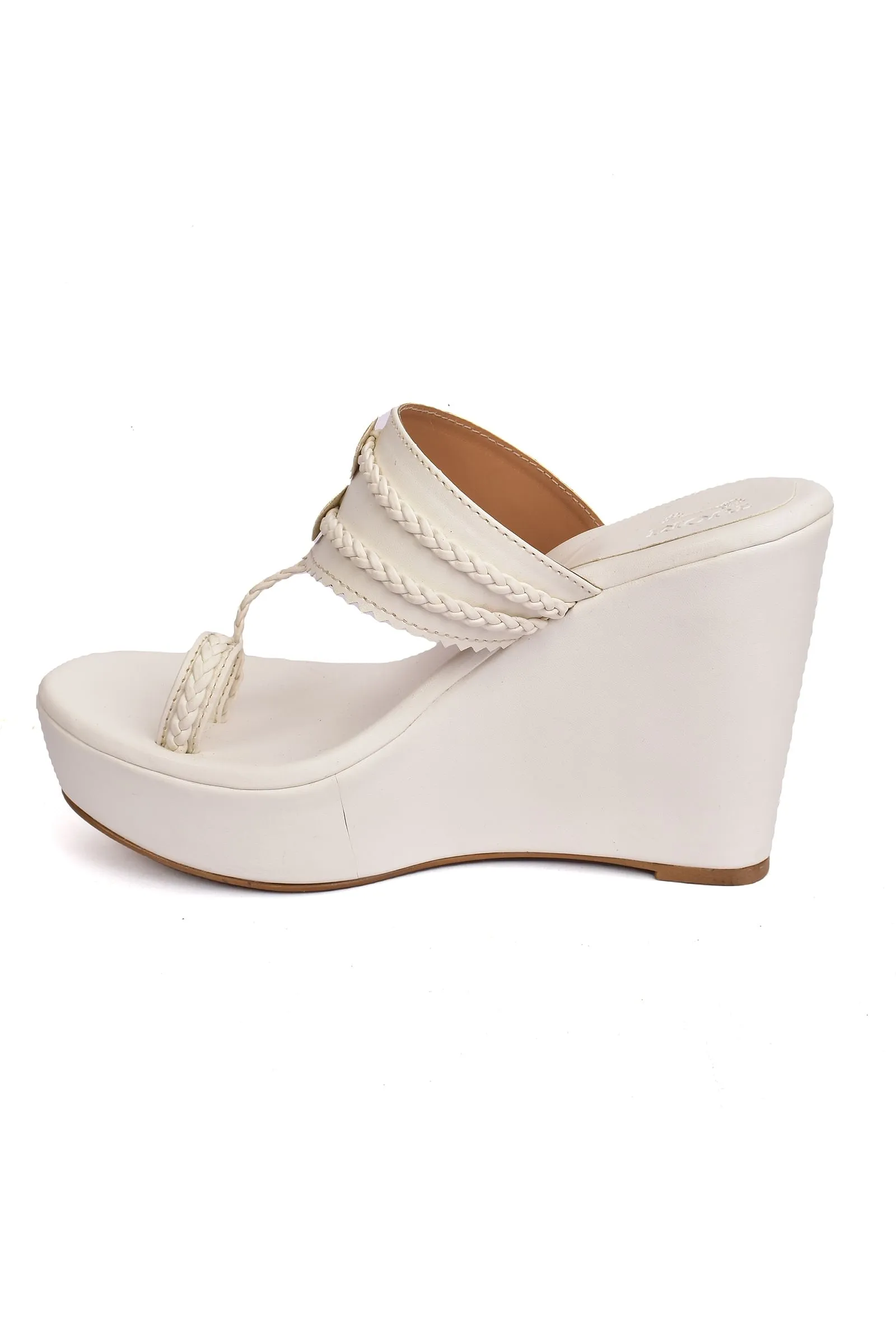 Snow White Vegan Leather Kolhapuri Wedges