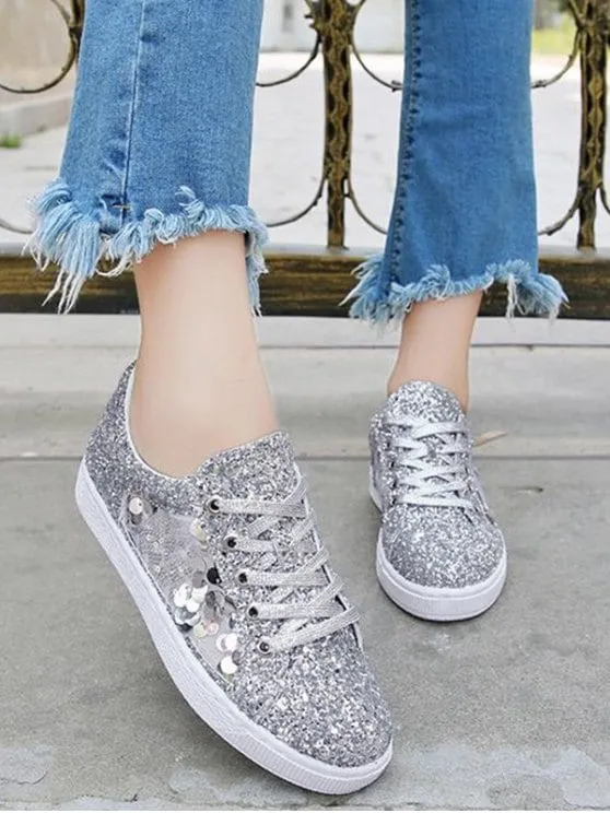 Trendy Glitter Tie Up Sequins Flat Shoes