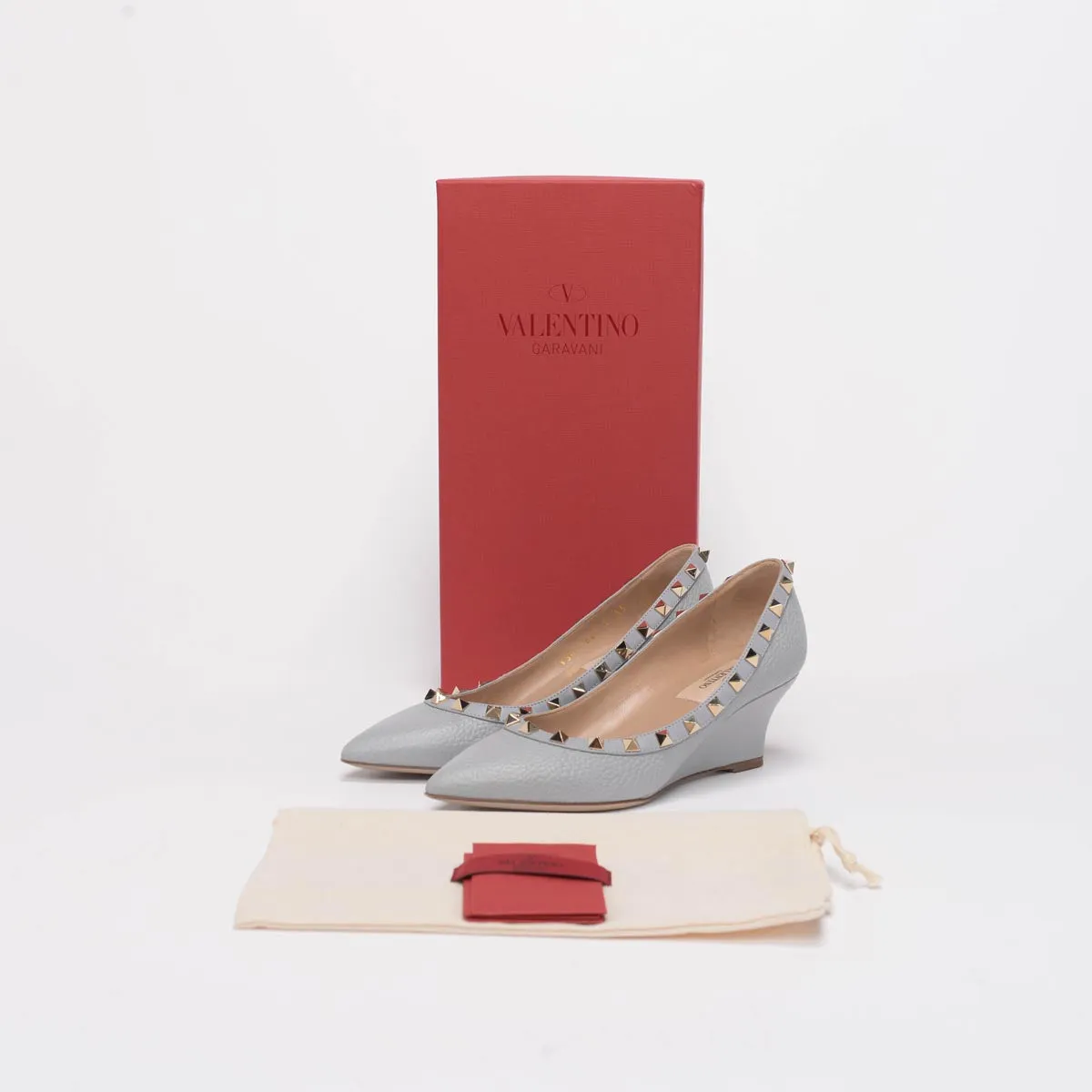 Valentino Grey Pebbled Leather Rockstud Wedges 35