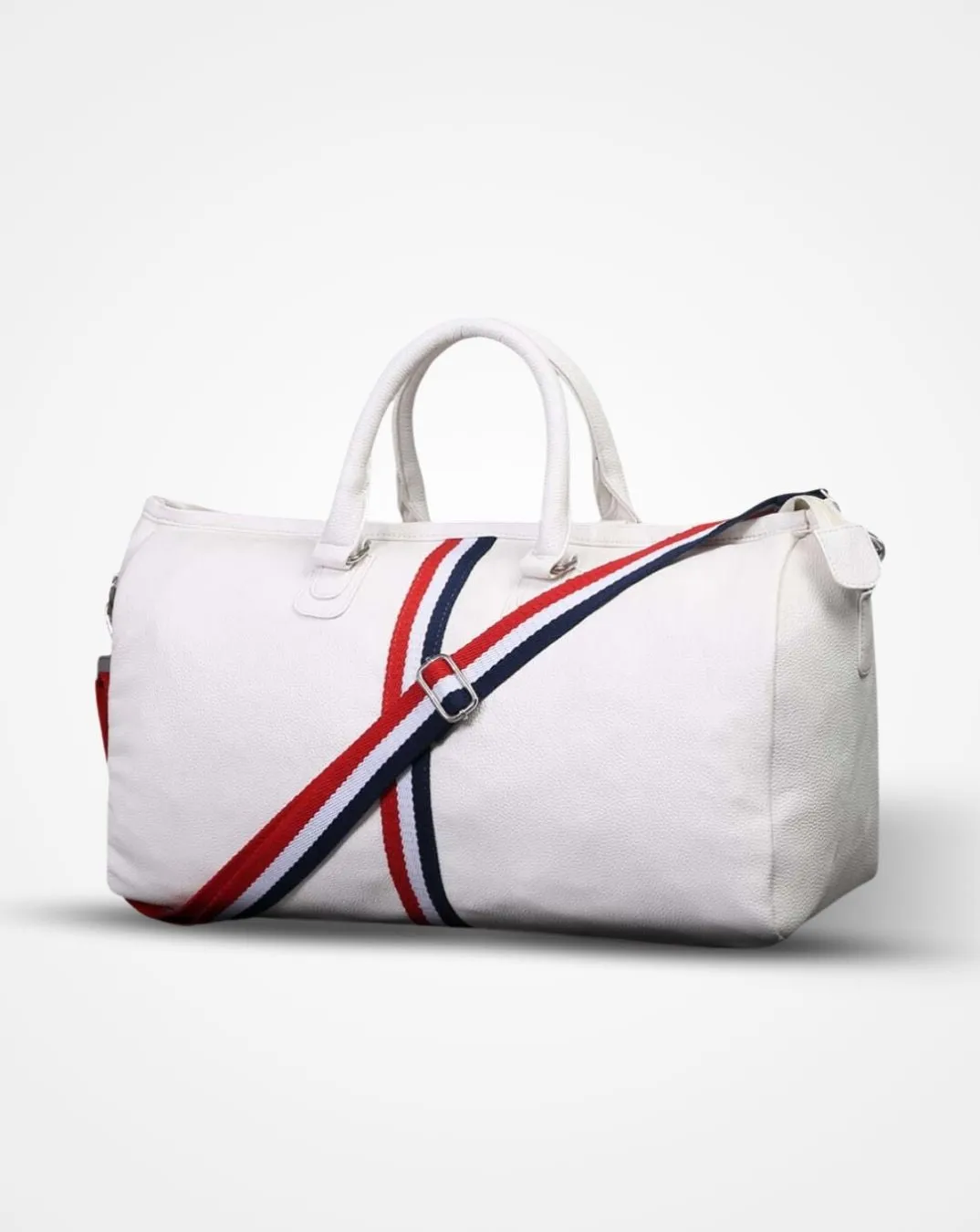 White Duffel / Luggage Bag with Red and Blue Stripes