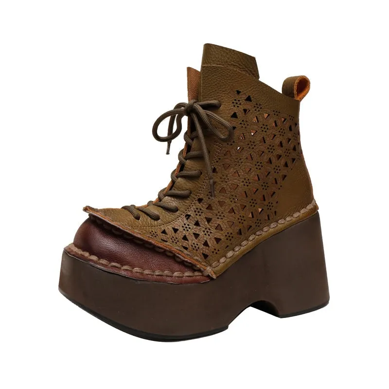 Women's 85mm Platform Ankle Booties Round Toe Design Cut Out Martin Boots Brown/Khaki