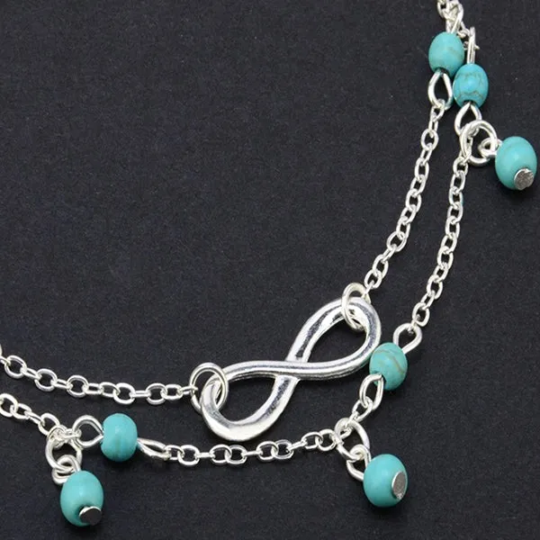 Womens Boho Style Infinity Double Anklet with Blue Beads