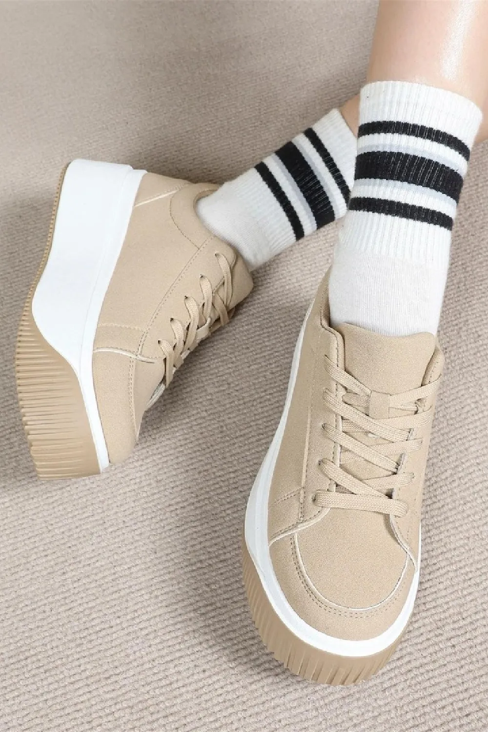 WOMEN'S LACE UP PLATFORM WEDGE CLASSIC DARK BEIGE TRAINERS