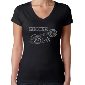 Womens T-Shirt Rhinestone Bling Black Fitted Tee Soccer Mom White Ball